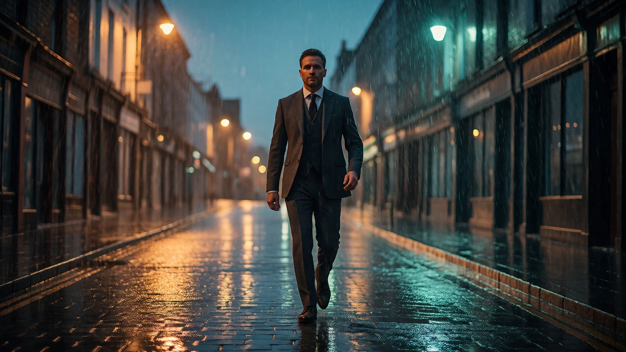 Man in a grey suit walking confidently through heavy rain on a wet Irish city street.