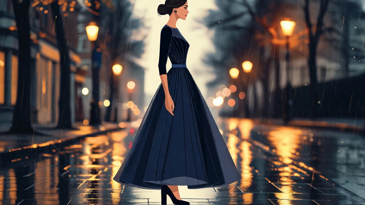 Navy A-line evening gown with structured fit and side profile
