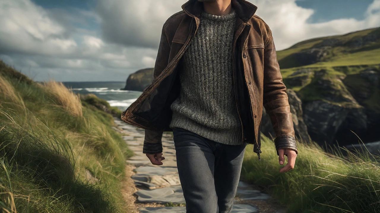 Person in a brown leather jacket and knit sweater walking along a windy Irish coastline.