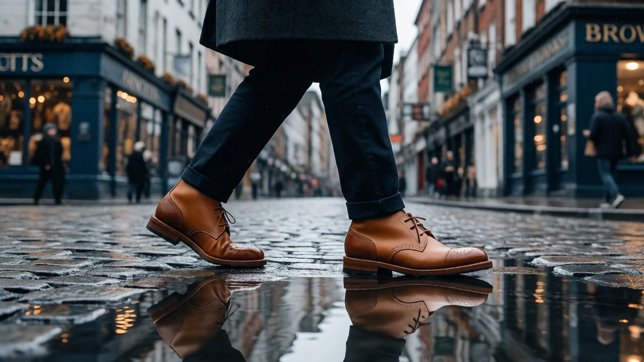 Person walking in heritage desert boots on wet Dublin cobblestone streets.
