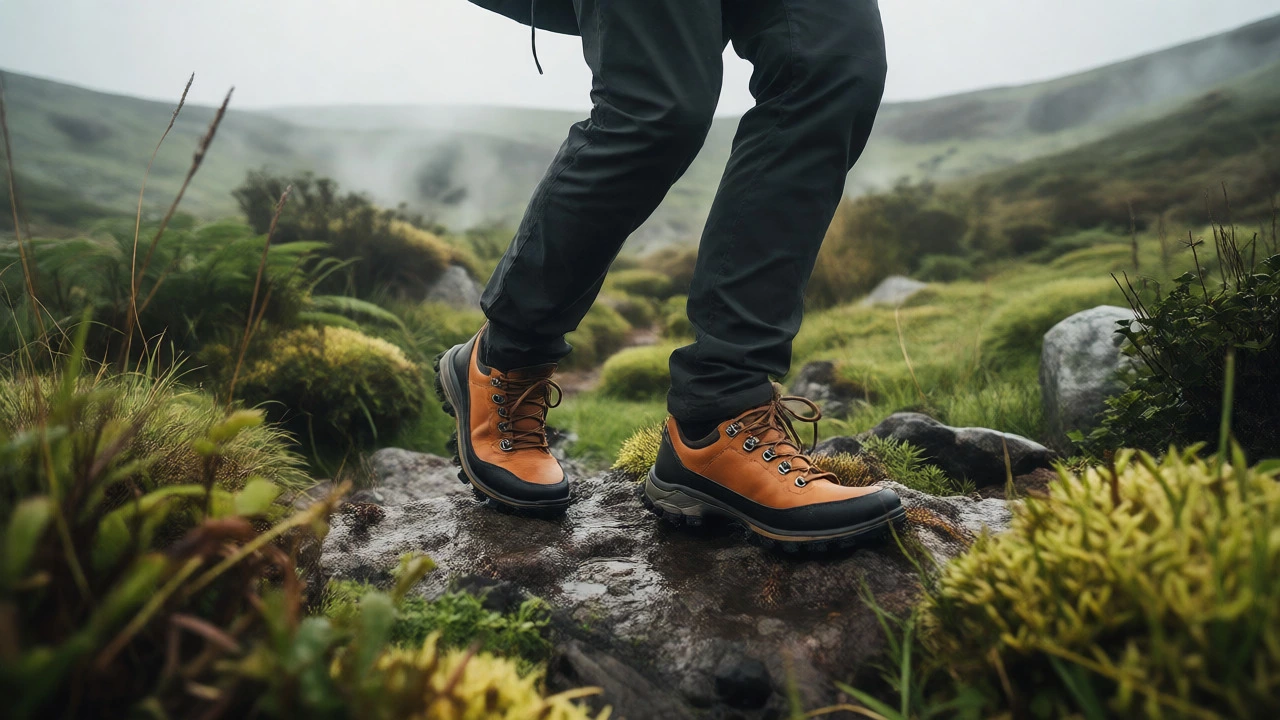 Person wearing supple goatskin shoes walking in misty Irish landscape