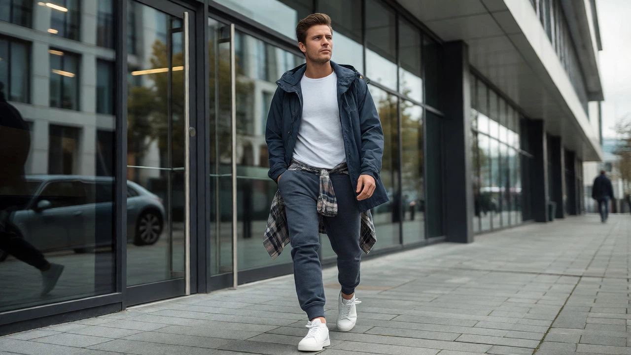 Professional in tailored joggers walking in Dublin tech hub