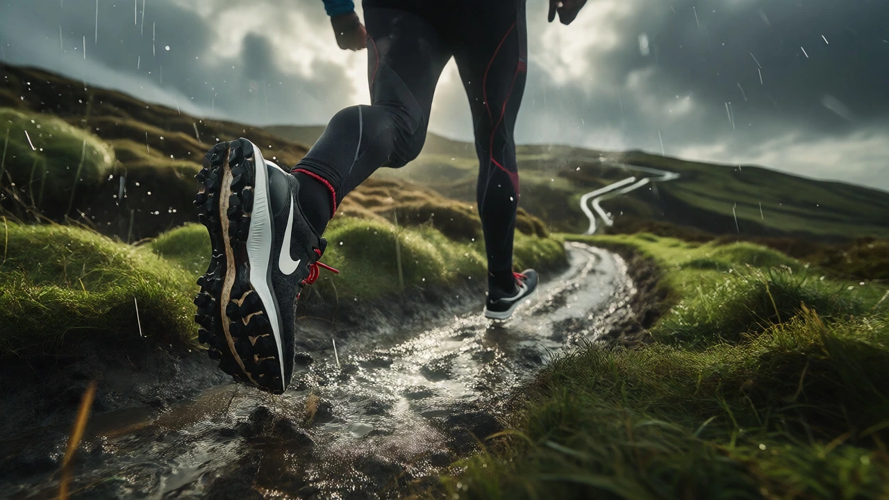 Runner in Nike gear jogging on a wet, muddy Irish coastal trail