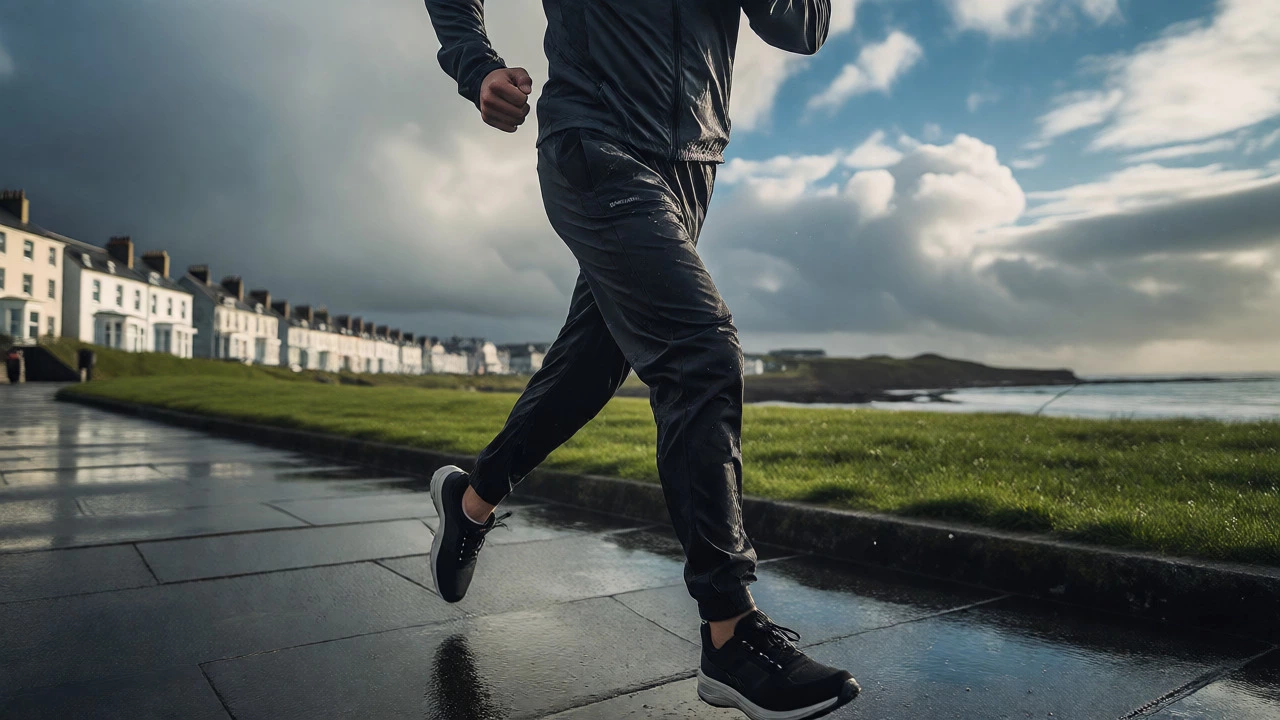Runner in wind-resistant joggers on the wet Salthill promenade in Galway