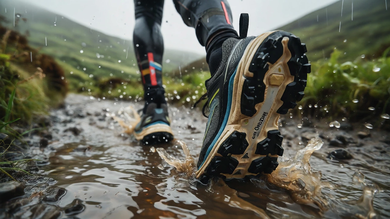 Runner splashing through mud in Wicklow mountains