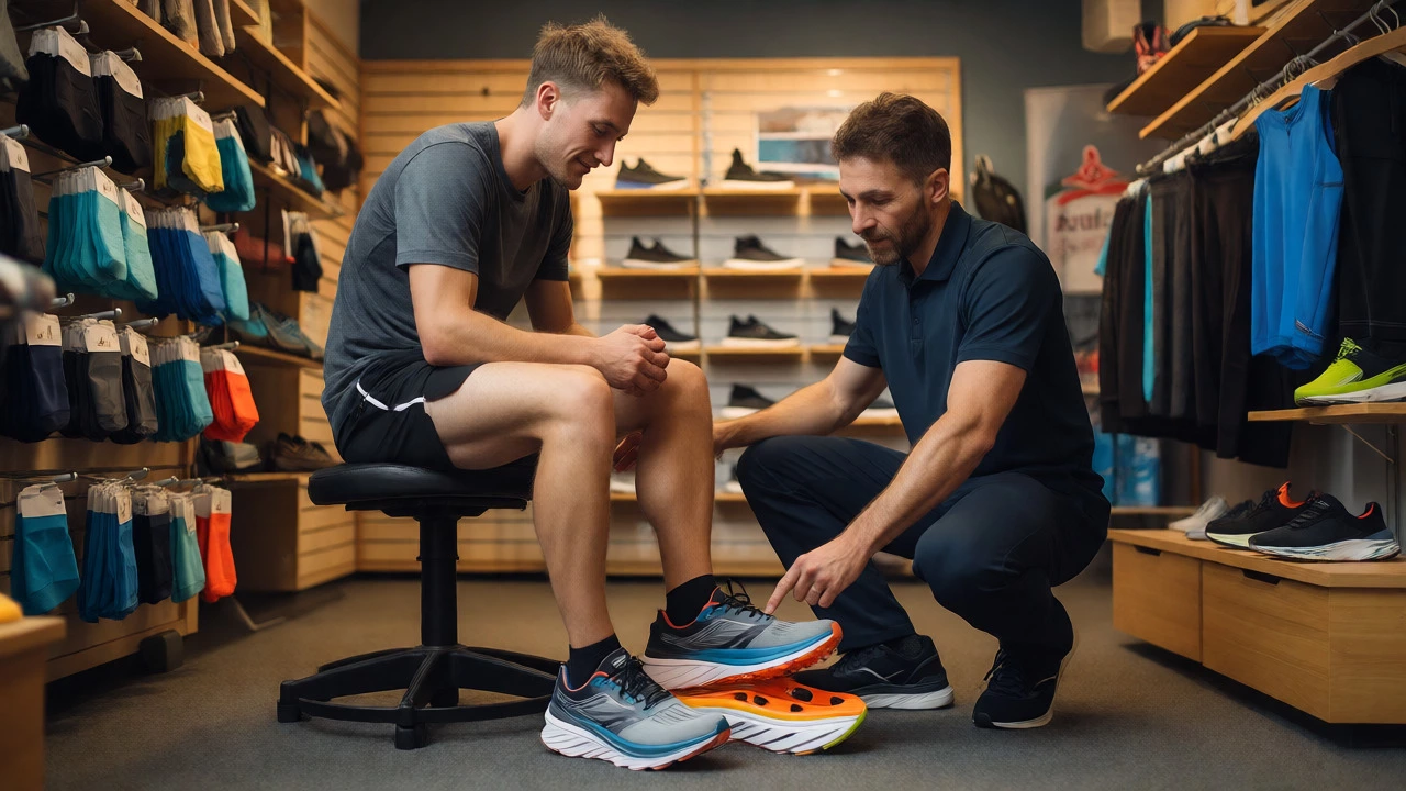 Shop assistant helping an athlete check shoe fit in a Cork running store