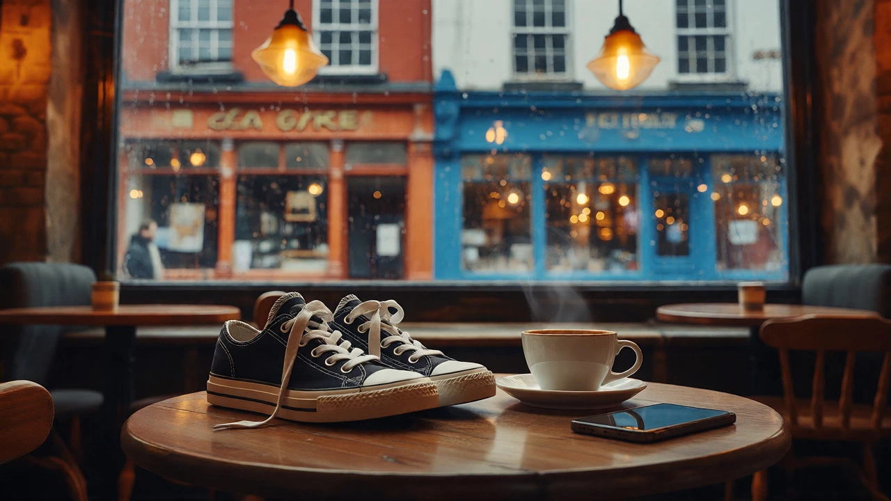 Sneakers and coffee on cafe table with rainy window