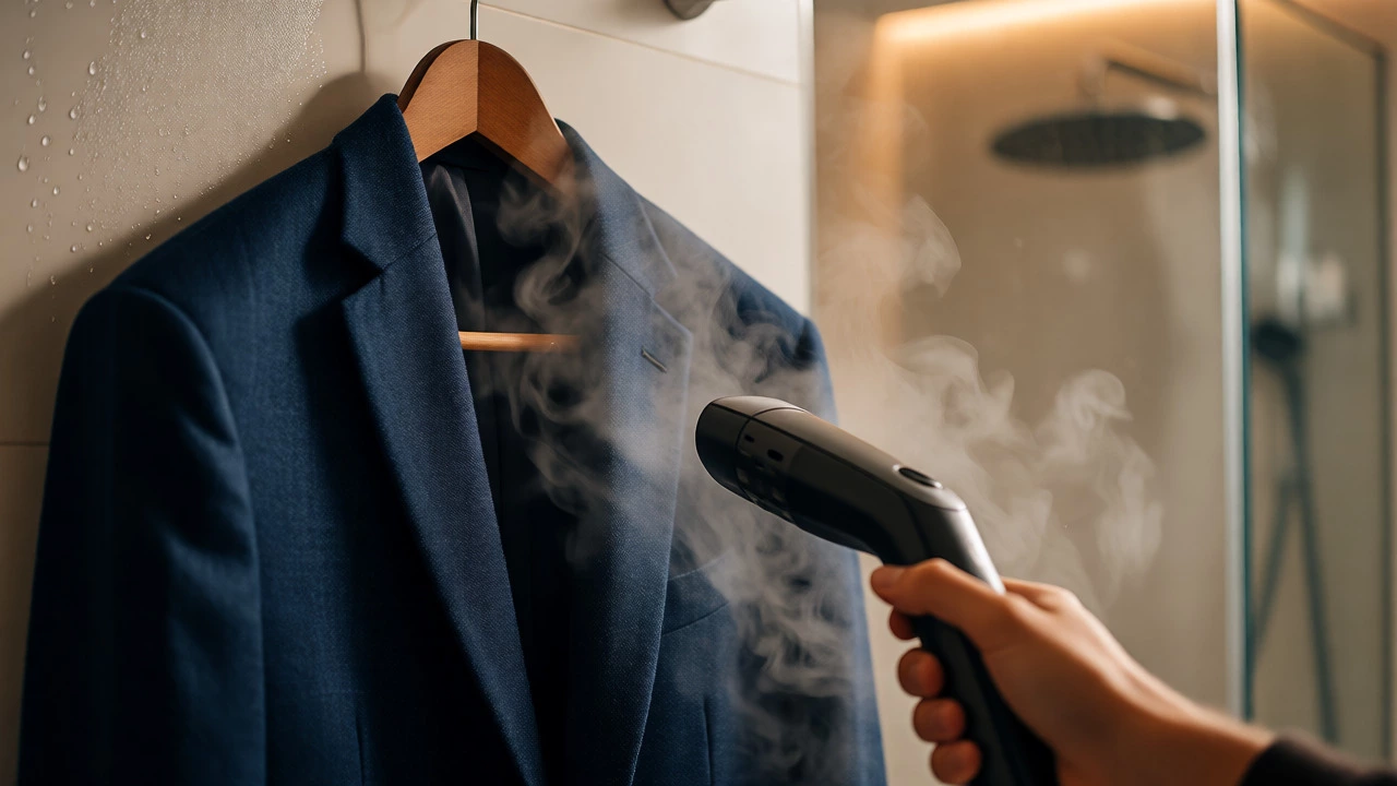 Steaming a suit jacket in a steamy bathroom