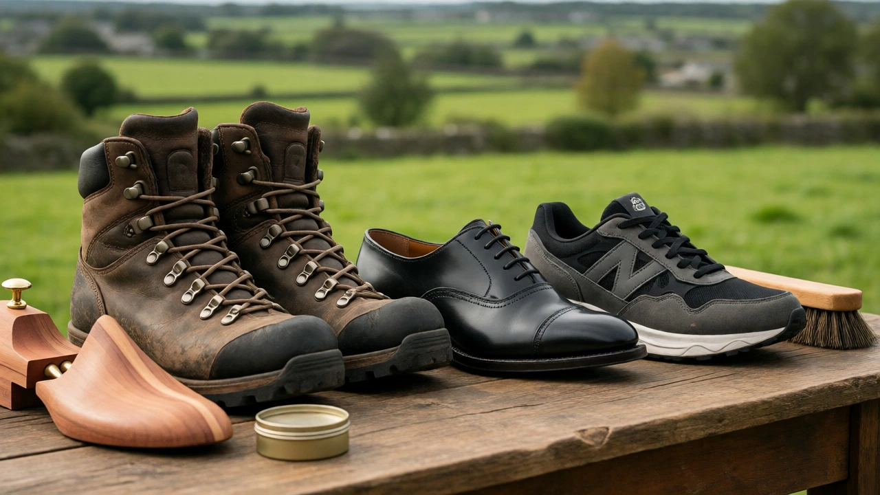 Still life of varied leather shoes and care tools on a wooden table.