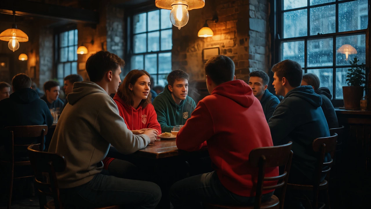Students in hoodies chatting in a warm Irish pub