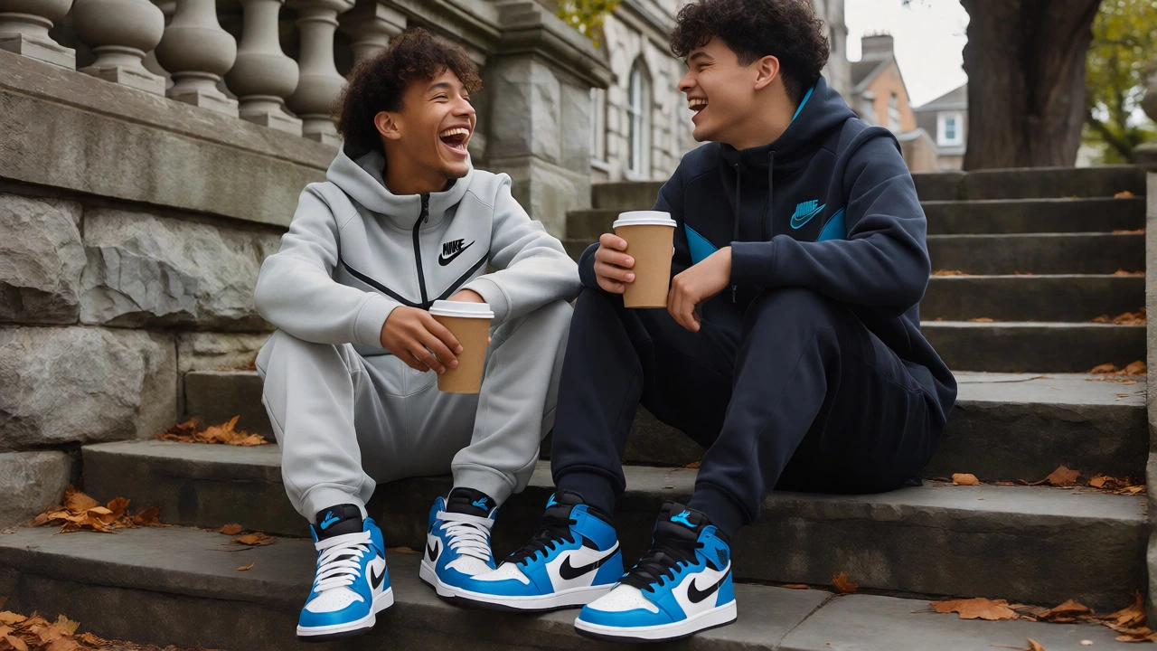 Students in Nike tracksuits relaxing at Trinity College Dublin
