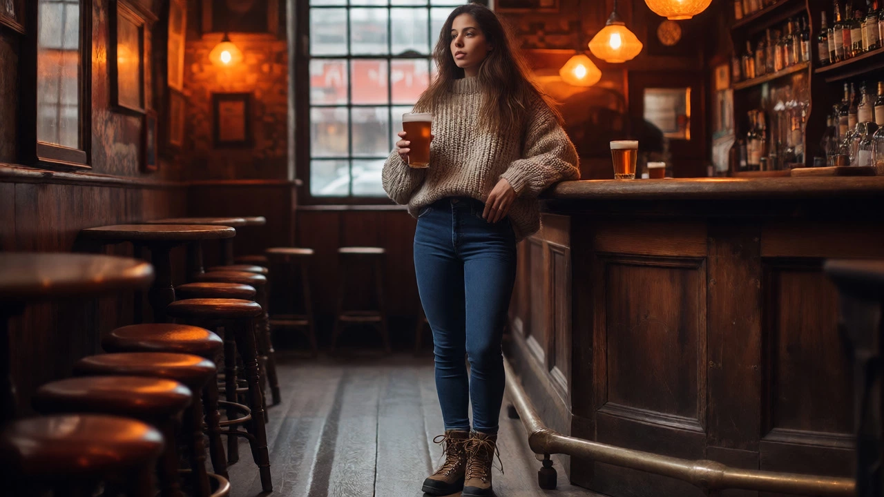 Styling skinny jeans with an oversized sweater and utility boots in a Dublin pub.
