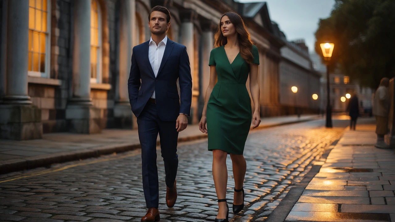 Stylish couple in suits and dresses walking on wet Dublin cobblestones at night.
