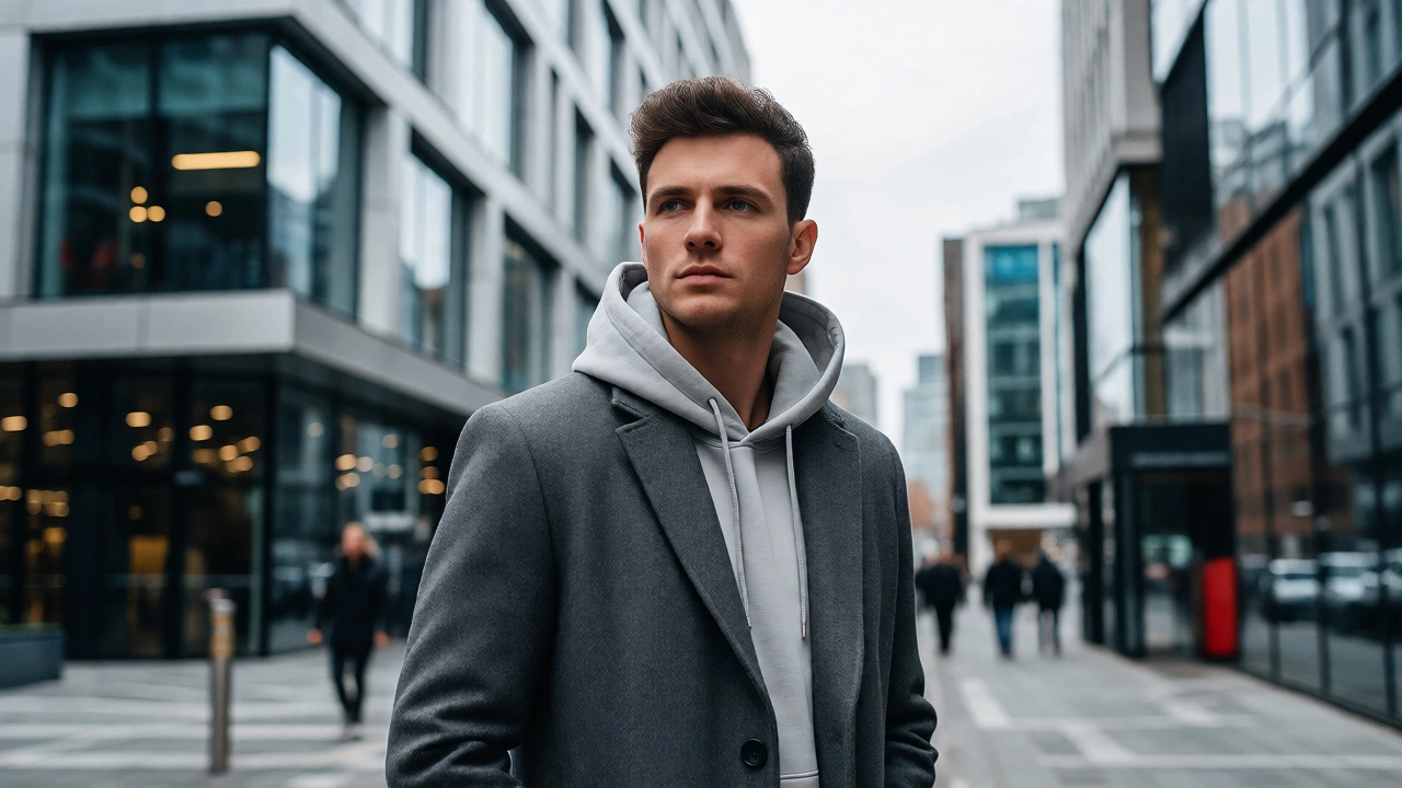 Tech worker in a hoodie and coat in Dublin city