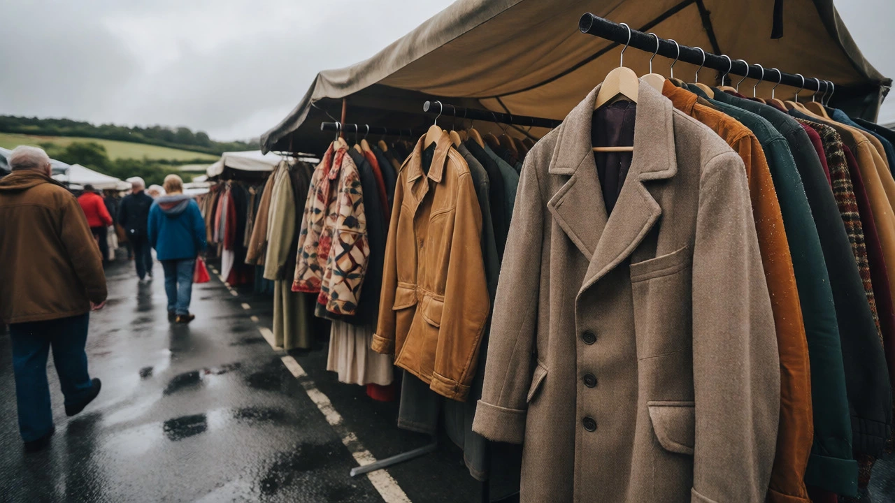 Vintage jackets hanging on a rack at a rainy outdoor flea market in Galway.