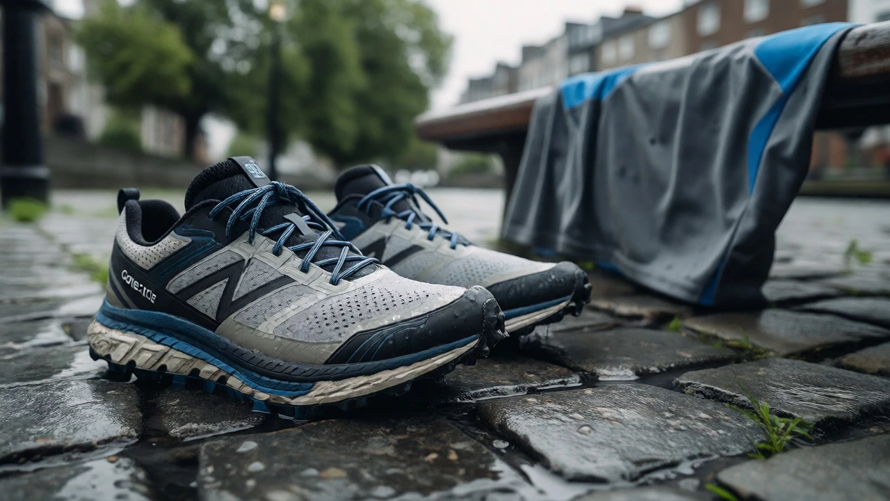 Waterproof trail shoes on wet cobblestones next to a damp sports jersey