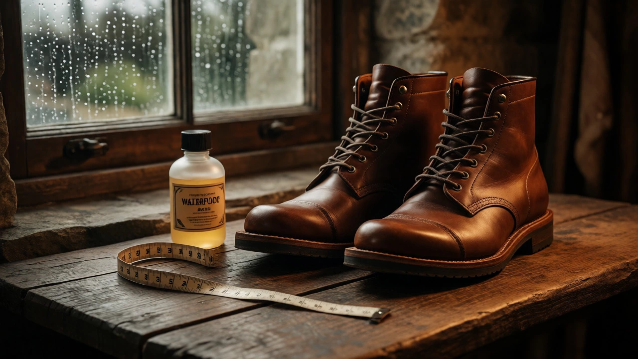 Wide boots with measuring tape and care products