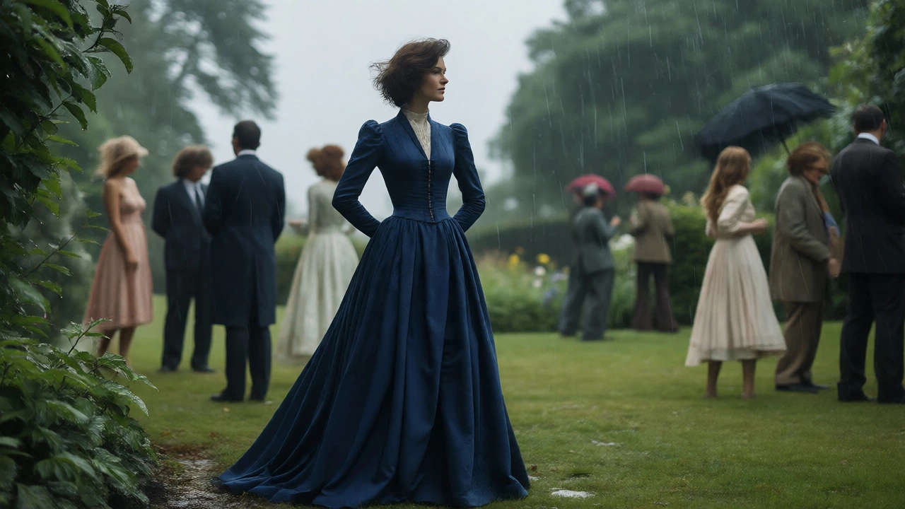 Woman in navy dress maintaining shape in rainy Irish garden