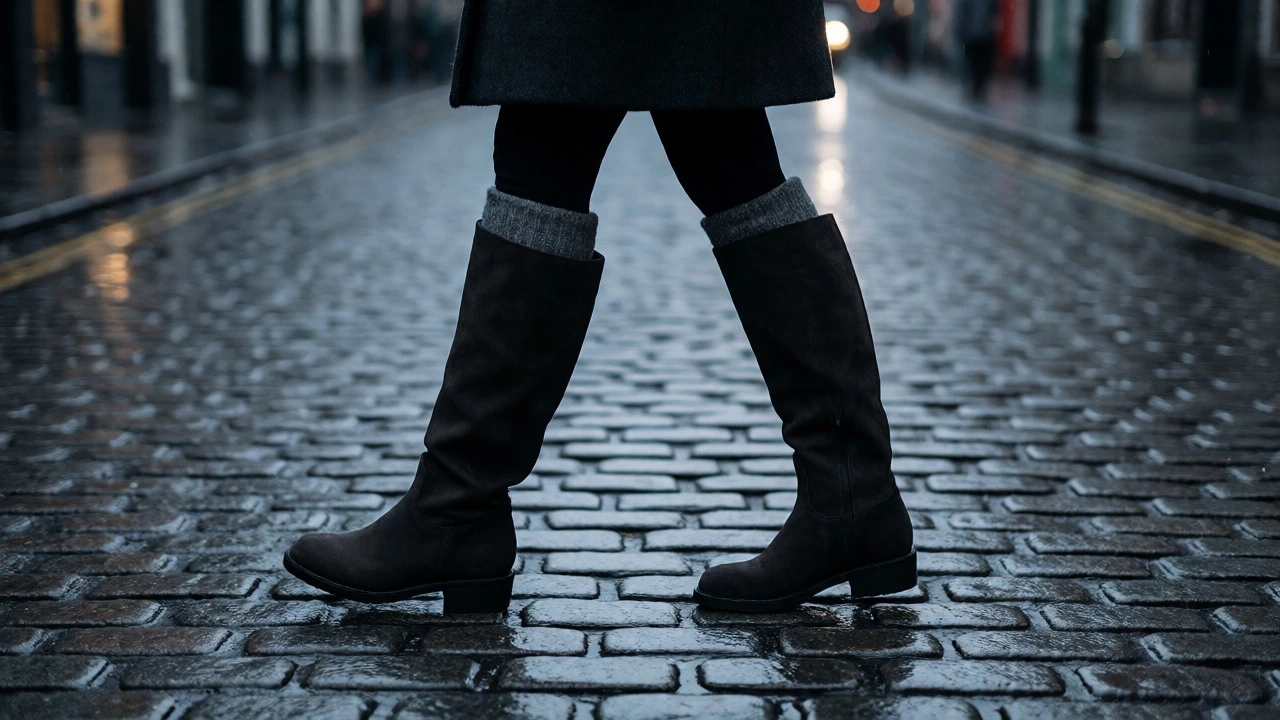 Woman walking in rain with well-fitting wide boots