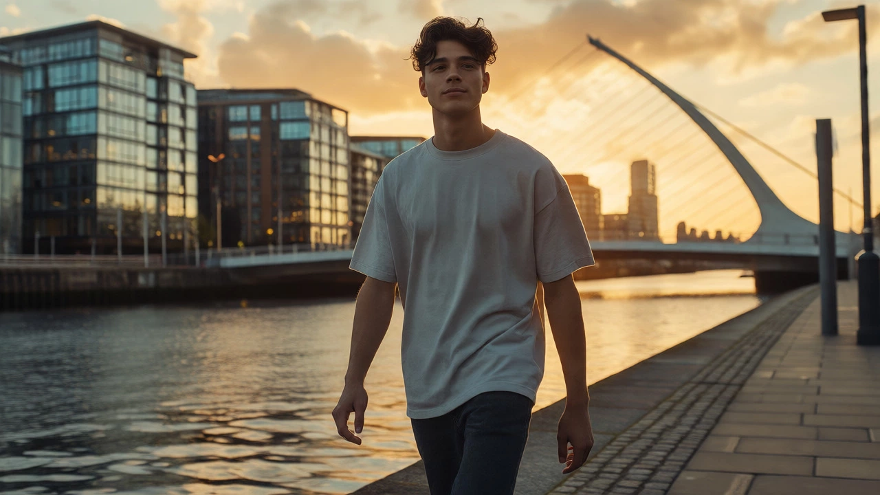Young man in an oversized grey t-shirt walking by the River Liffey in Dublin at sunset.