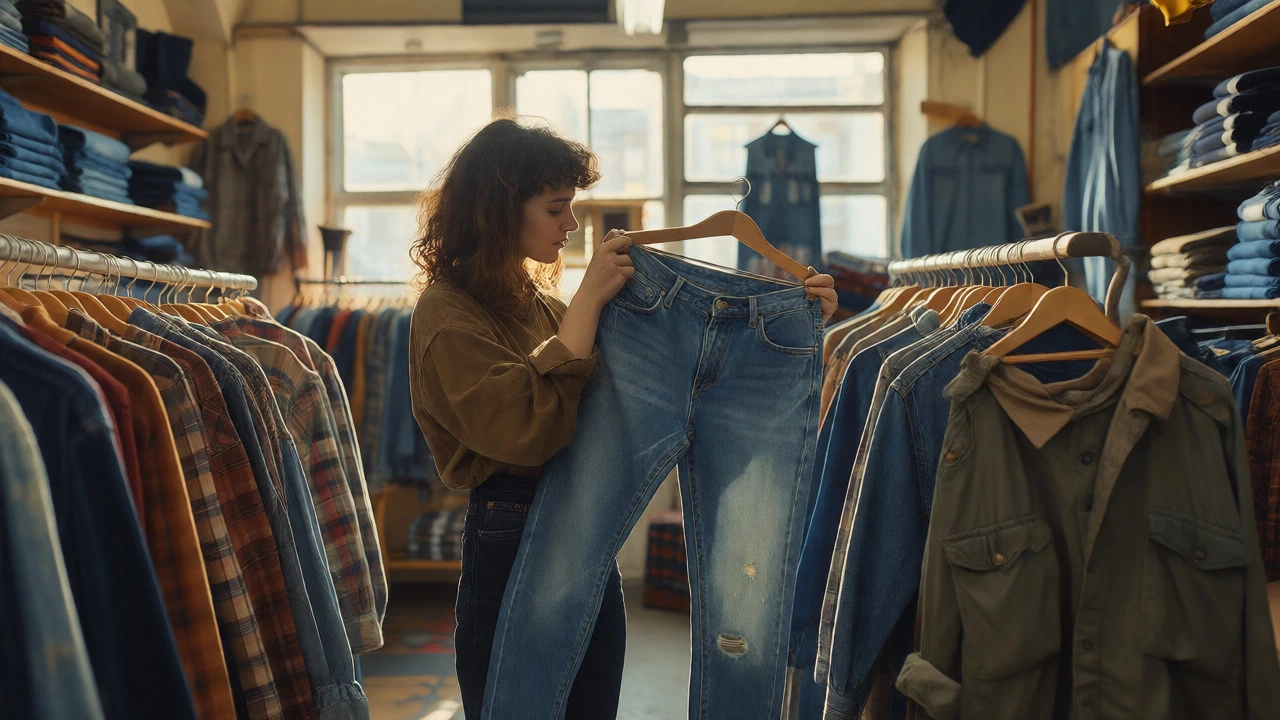 Young woman trying on vintage Y2K skinny jeans in a Dublin thrift store
